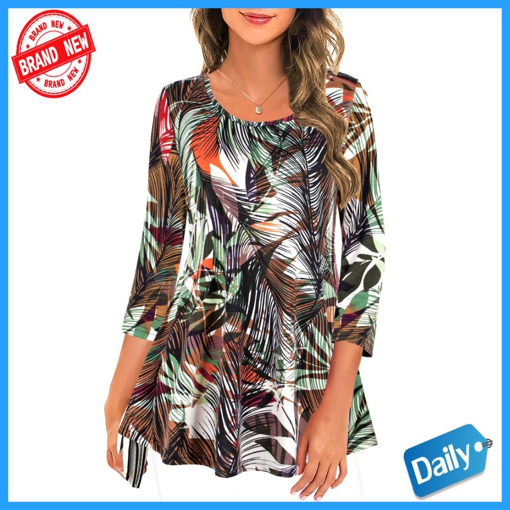 Floral Tunic Blouse 3/4 Sleeve Rayon Spandex Loose Fit Work Casual
